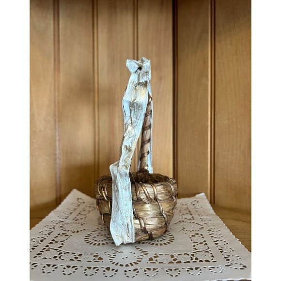 Small Woven Natural Straw Basket Handle Gold Accents White Paper Ribbon - Picture 6 of 7